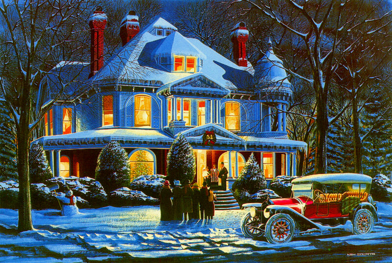 Victorian House in Winter — Blue, Festive, Illustration