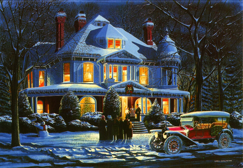 Victorian House in Winter — Blue, Festive
