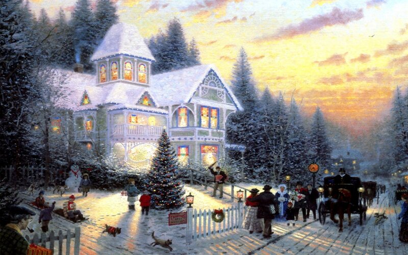 Victorian House in Winter — White, Festive, Painting