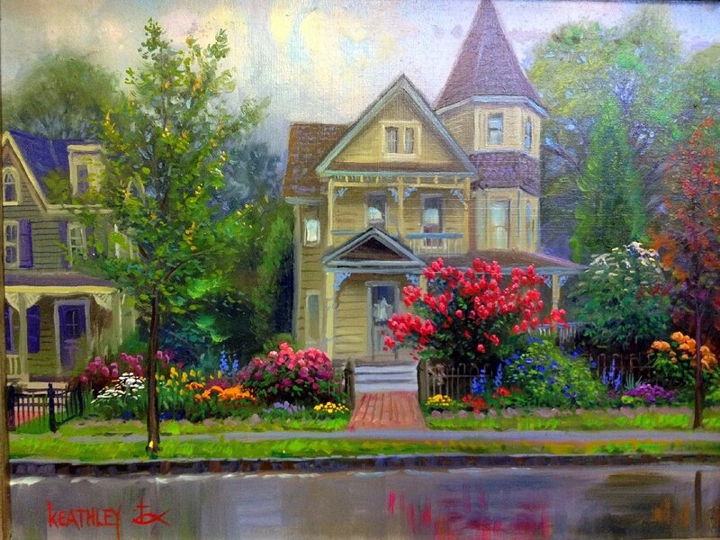 Victorian House with Flowers — Green, Serene