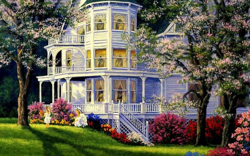 Victorian House with Garden — Green, Serene, Spring