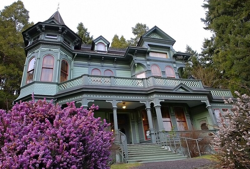 Victorian House with Purple Bush