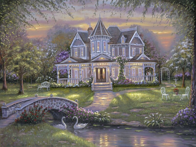 Victorian House with Swans — Green