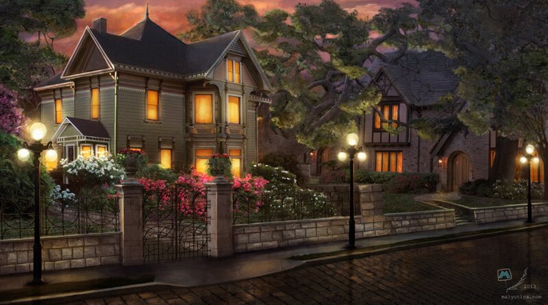 Victorian Houses at Dusk — Purple, Serene