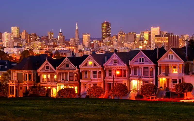 Victorian Houses at Dusk — Purple
