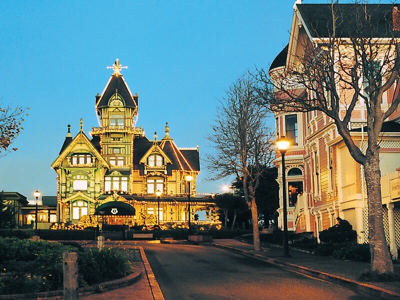 Victorian houses at dusk