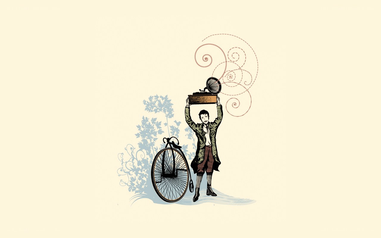 Victorian man with phonograph and bicycle