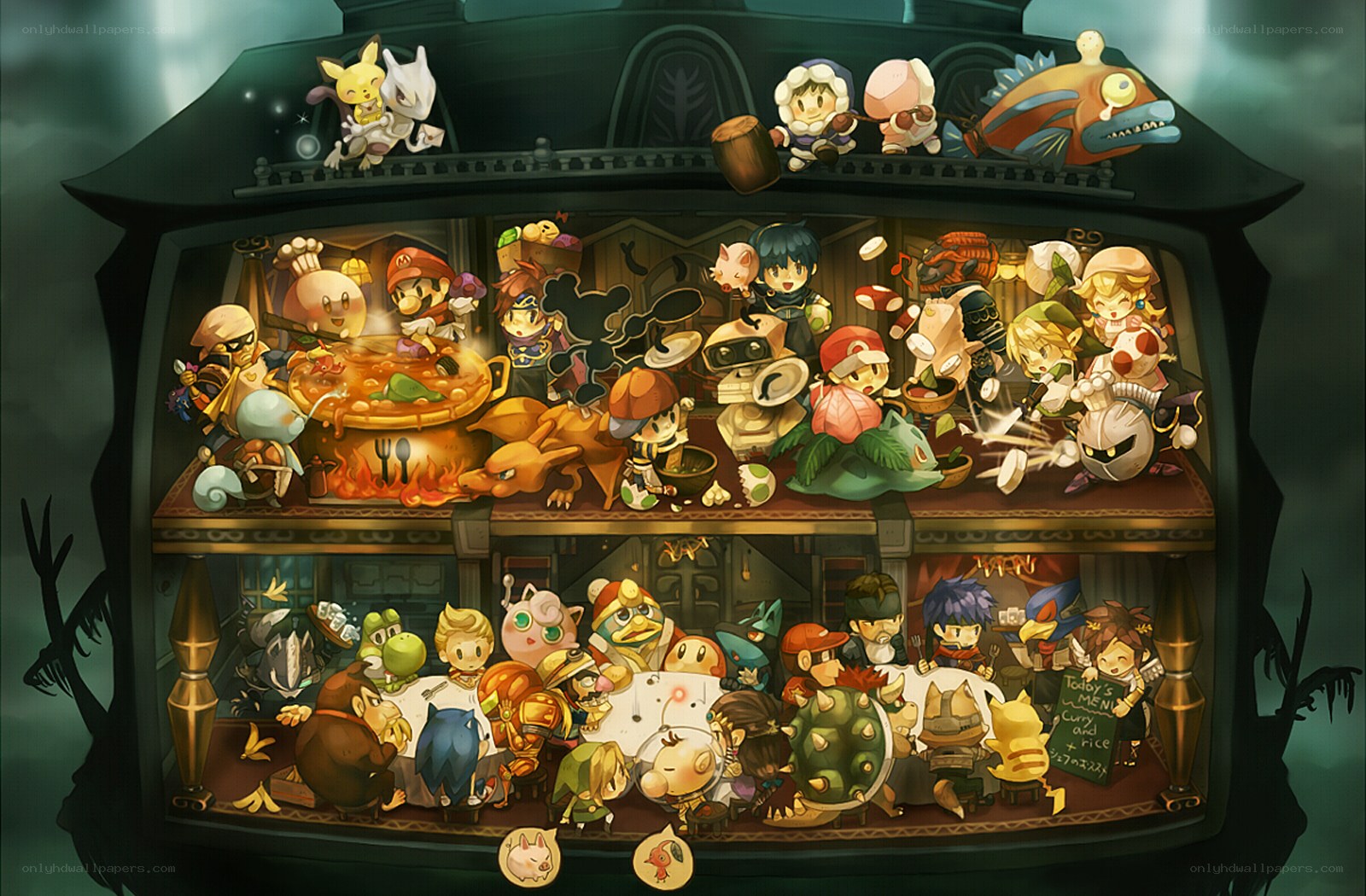 Video game characters in a restaurant