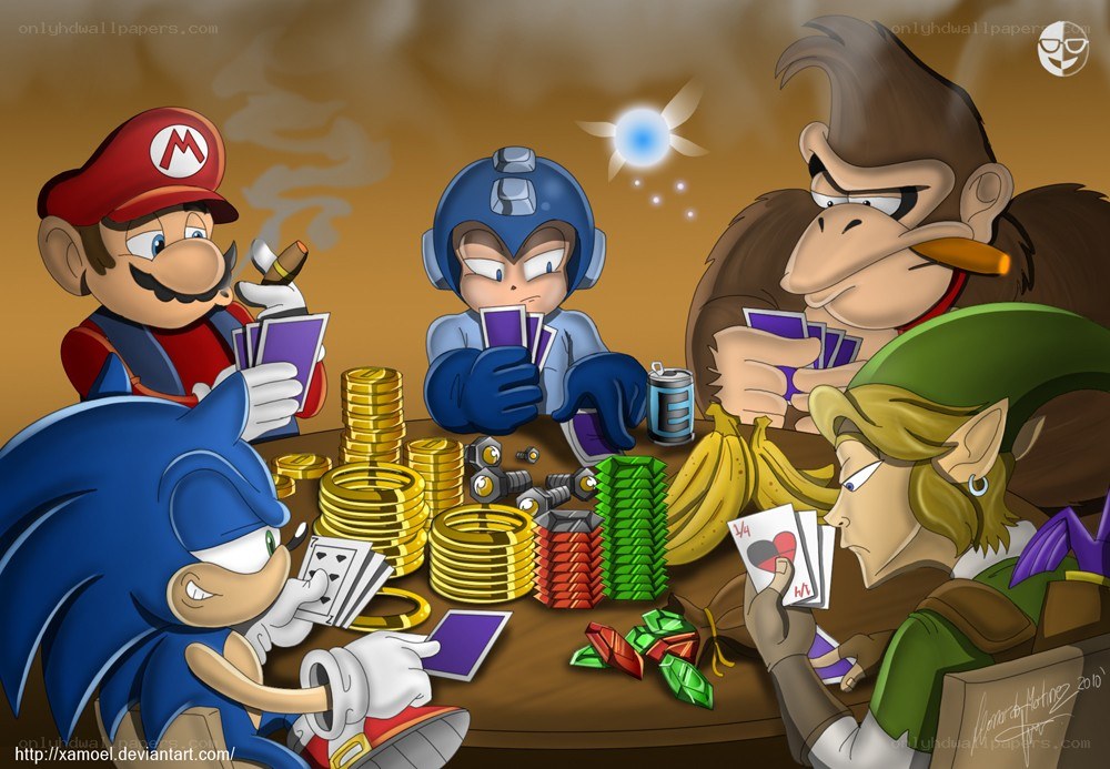 Video game characters playing poker