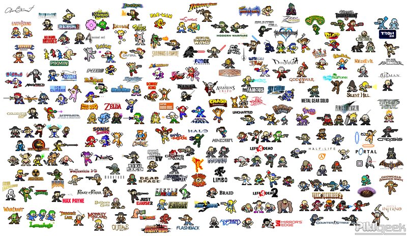 Video game logos in pixel art
