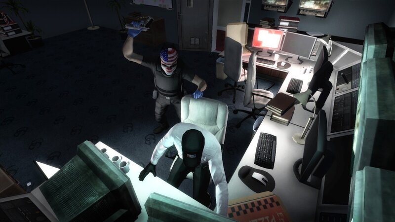 Video game office heist scene