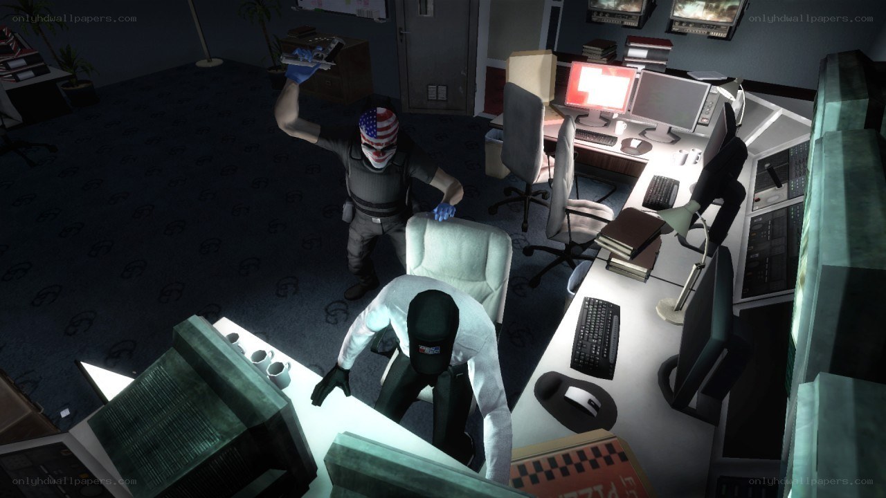 Video game office heist scene