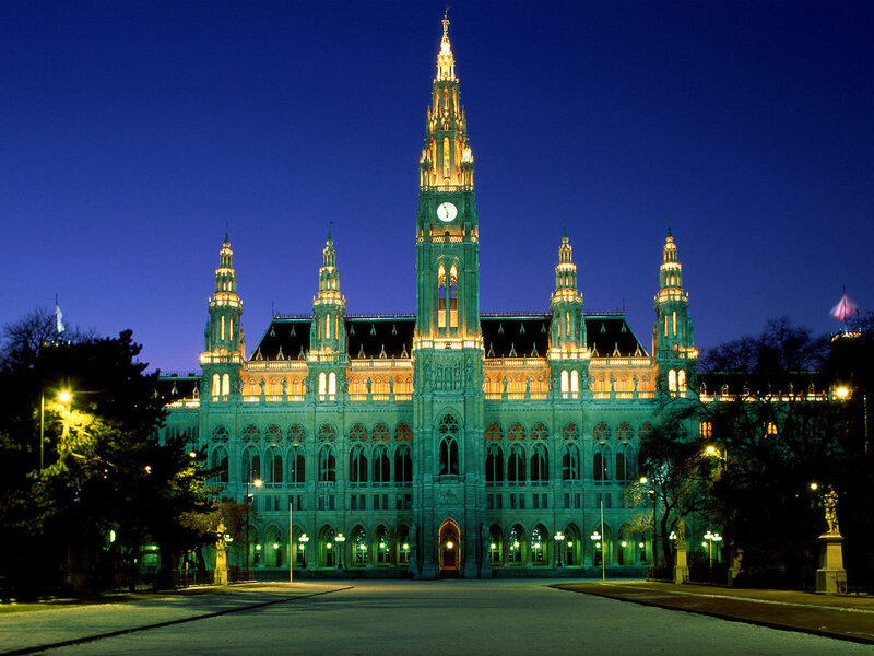 Vienna City Hall — Blue, Dramatic, Night, Photograph, Clock Tower