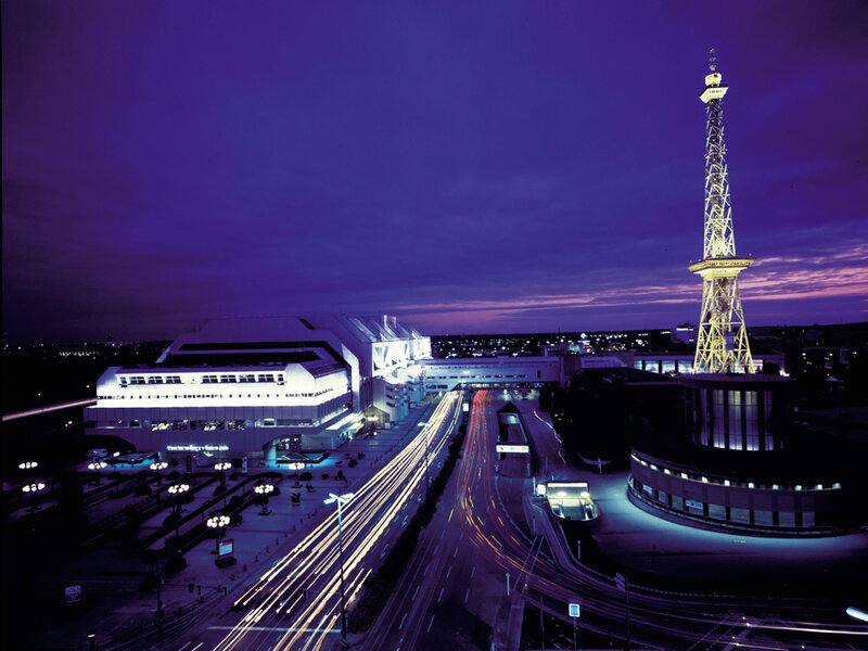 Vienna night skyline with tower