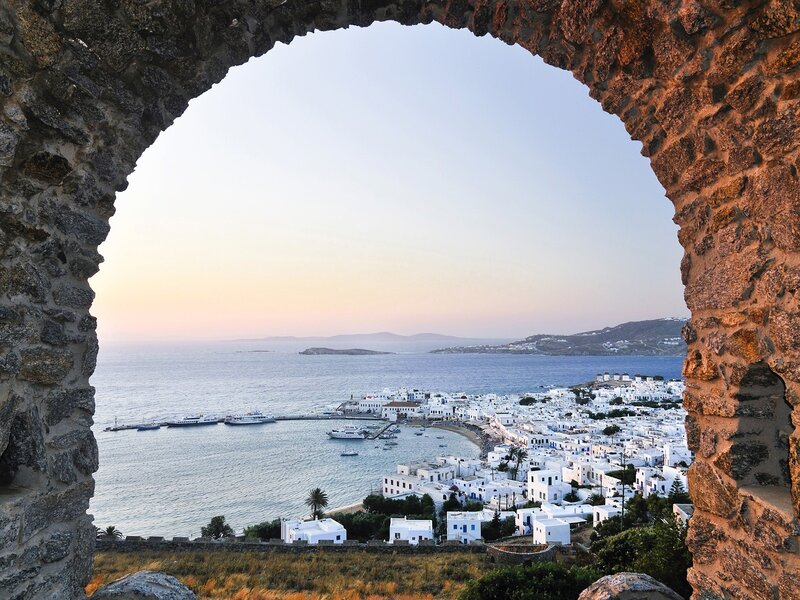 View of Mykonos town from arch