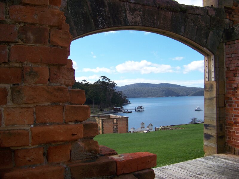 View through brick archway