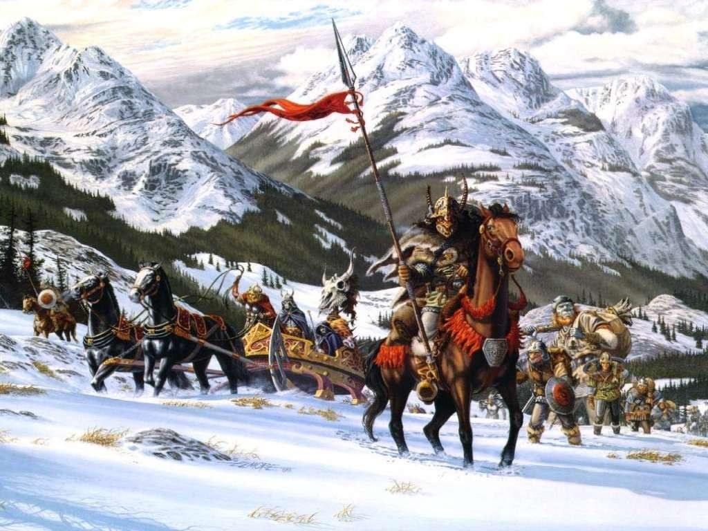 Viking army in snowy mountains