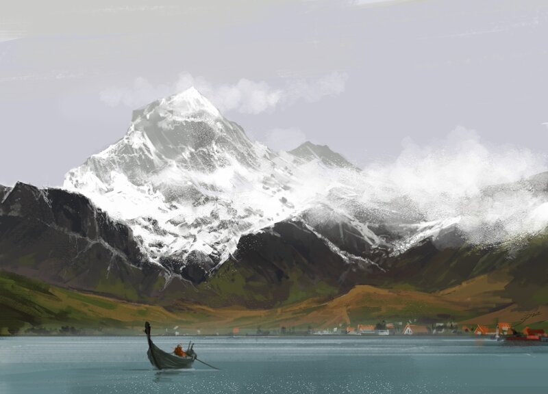 Viking boat near snowy mountain