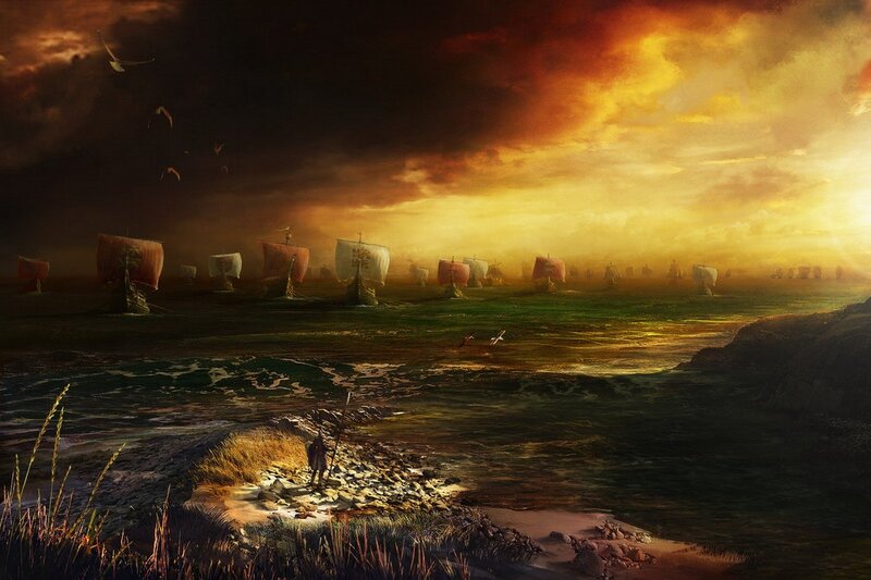 Viking fleet at sunset