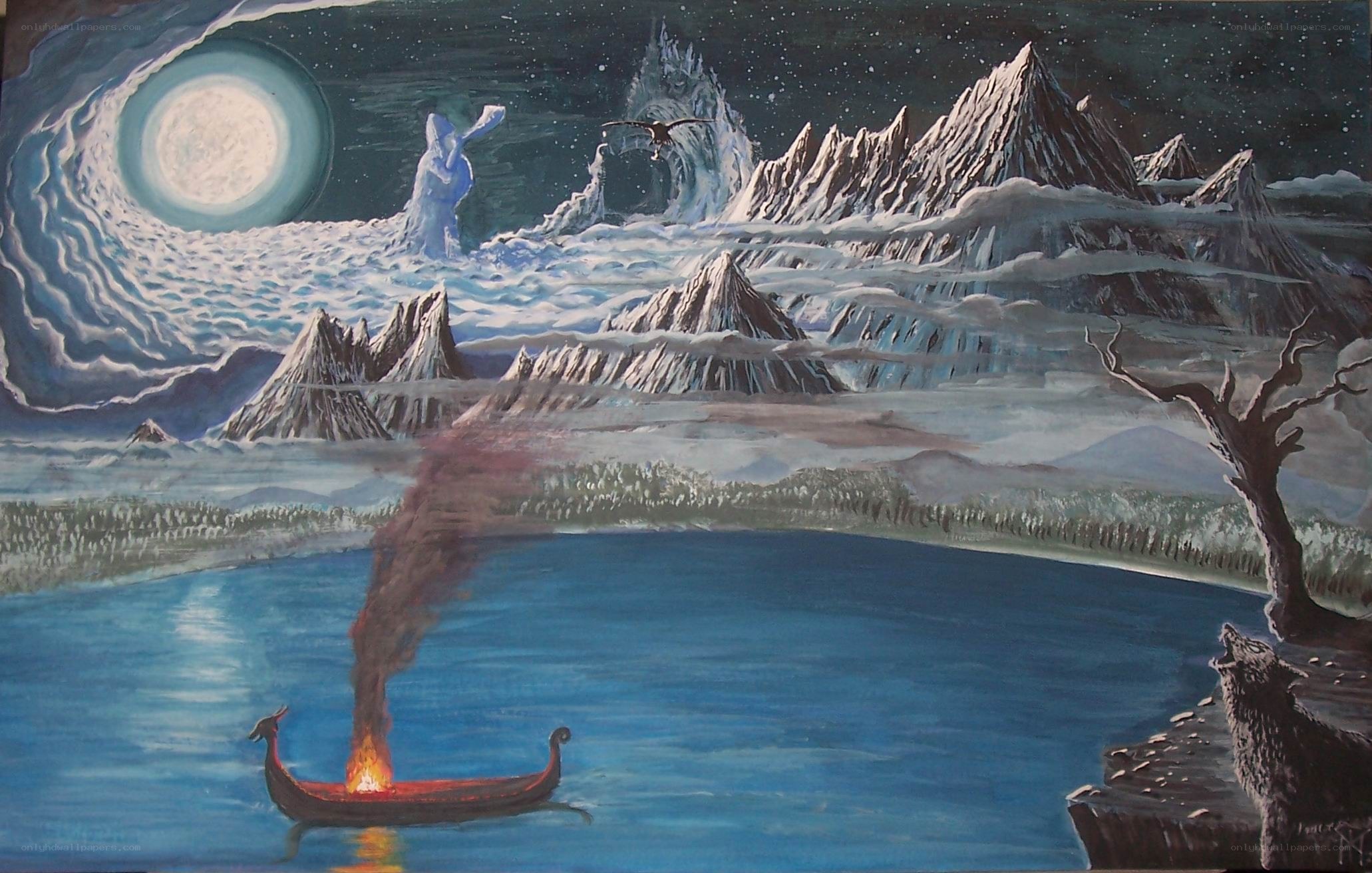 Viking funeral at moonlight