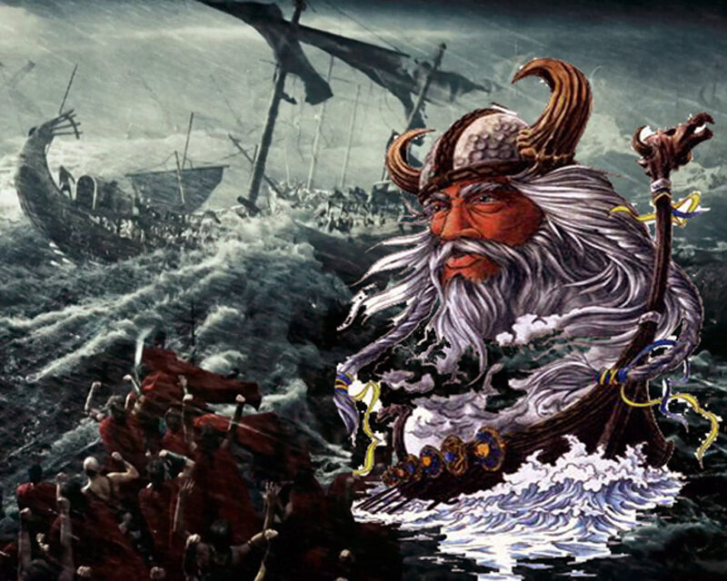 Viking god in stormy sea