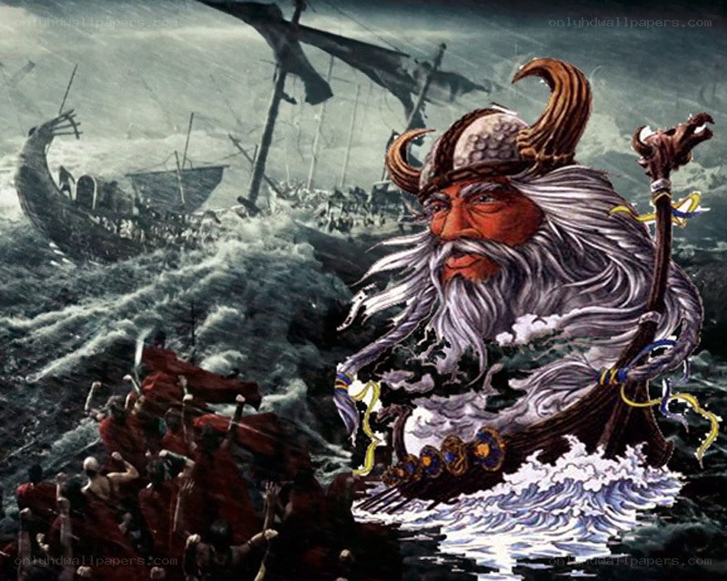 Viking god in stormy sea