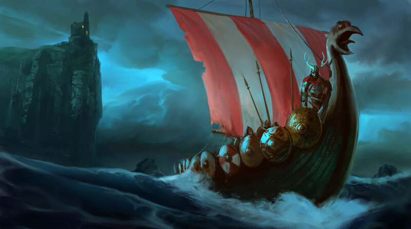 Viking Longship at Sea — Blue, Dramatic, Night