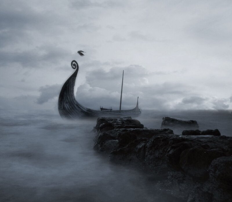 Viking Longship at Sea — Gray, Dramatic