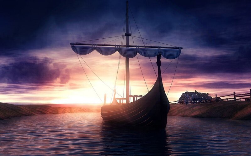 Viking Longship at Sunset — Purple
