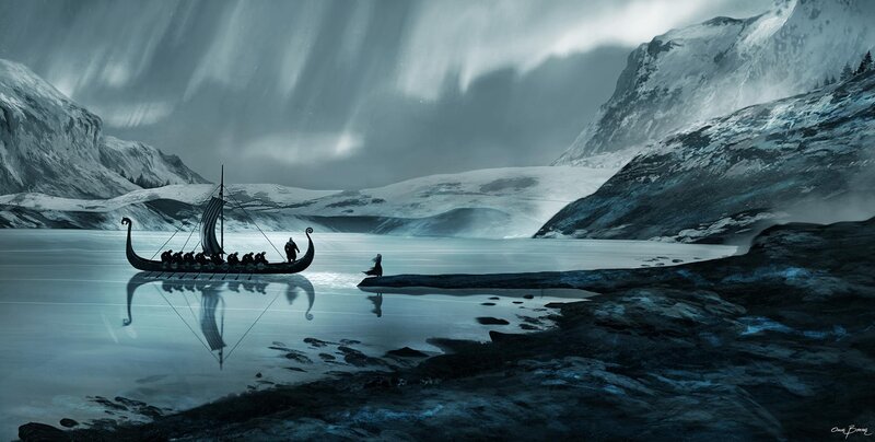 Viking Longship on Lake — Blue