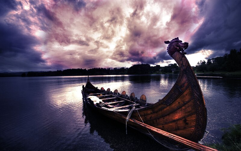 Viking Longship on Lake — Purple, Dramatic, Sunset, Photograph