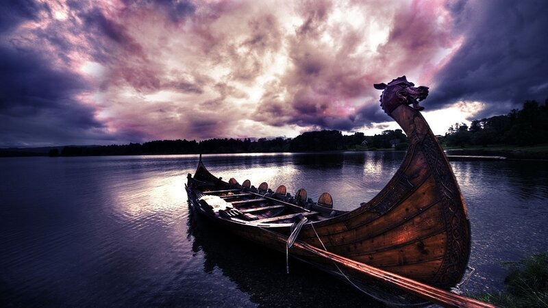 Viking Longship on Lake — Purple, Dramatic, Sunset