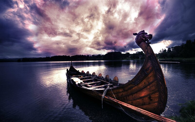 Viking Longship on Lake — Purple, Dramatic