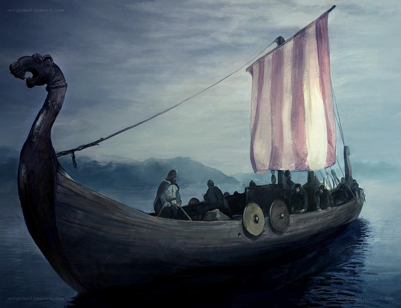 Viking longship on the sea