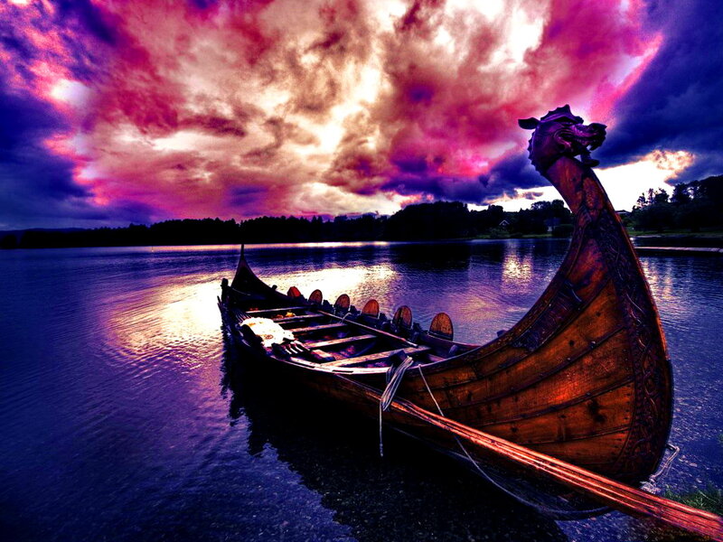 Viking Longship on Water — Purple, Dramatic