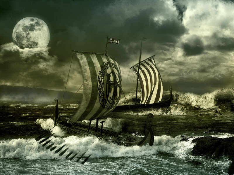 Viking Longships at Sea — Green