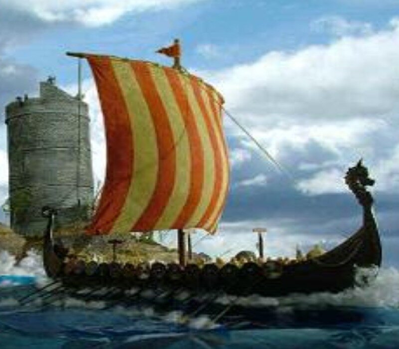 Viking ship approaching a castle