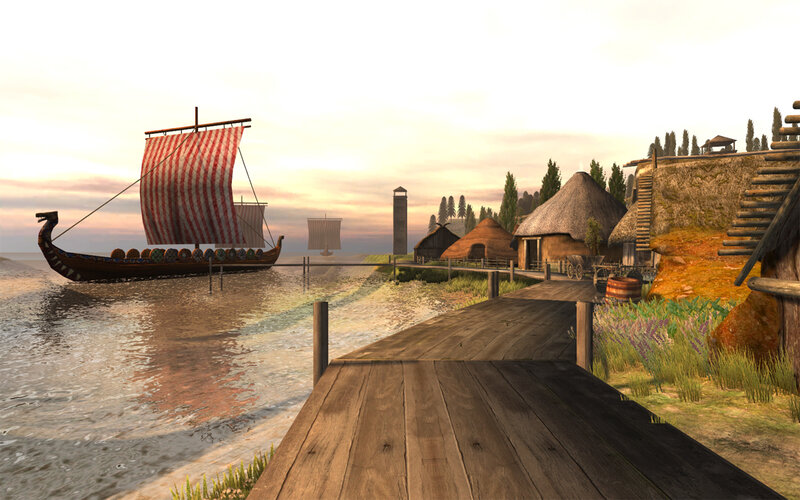 Viking ship at a coastal village