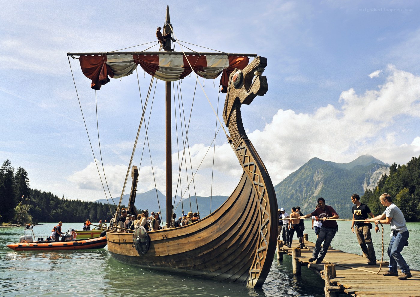 Viking ship at a lake dock