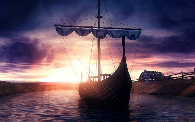 Viking ship at sunset