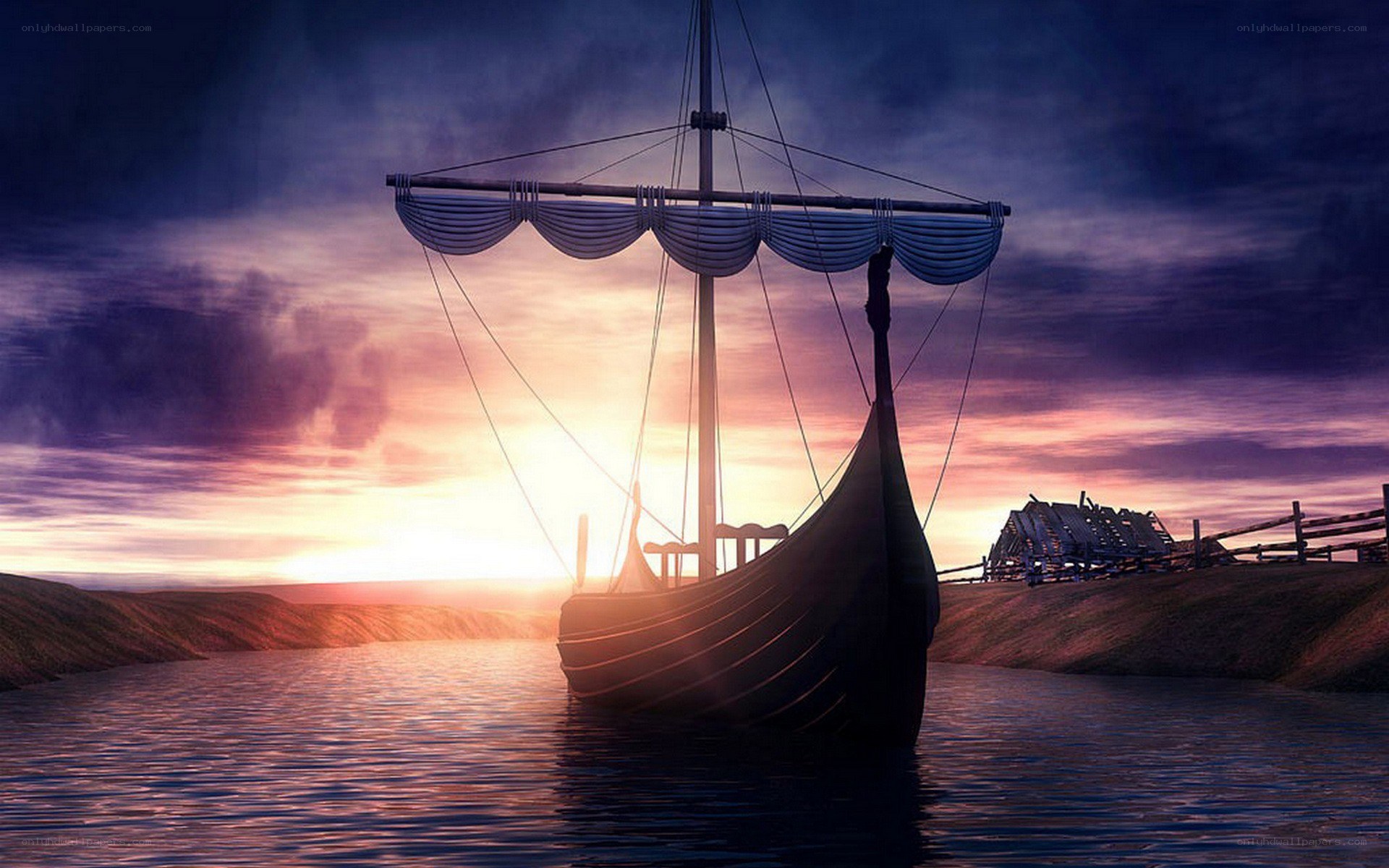 Viking ship at sunset