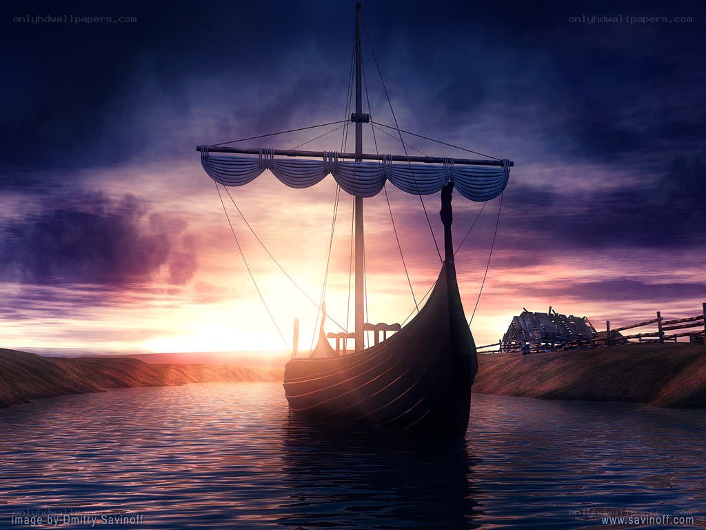 Viking ship at sunset