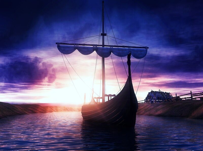 Viking ship at sunset