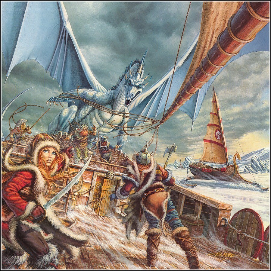 Viking ship attacked by a dragon