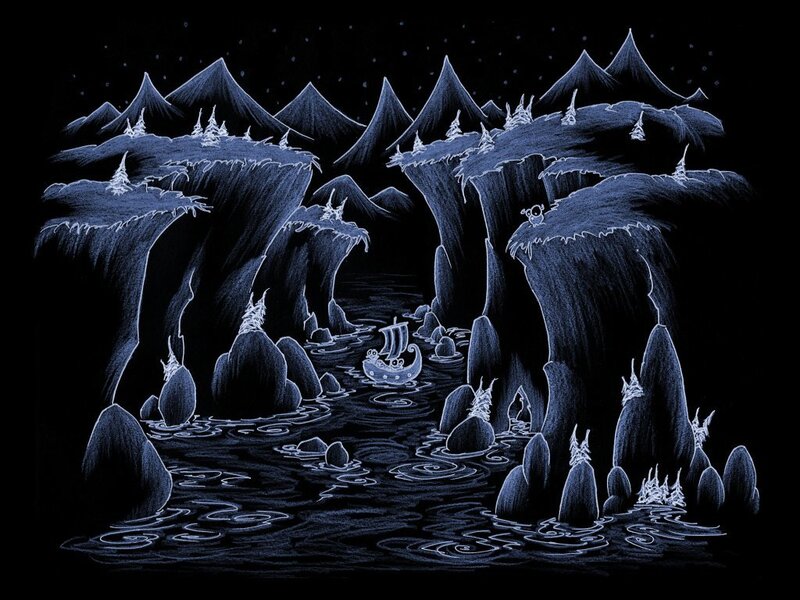Viking ship in a dark canyon