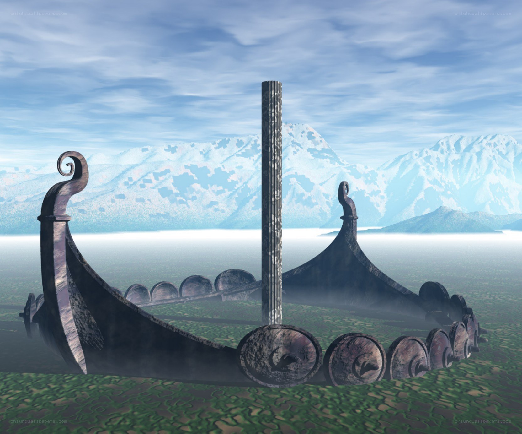 Viking ship in a fantasy landscape
