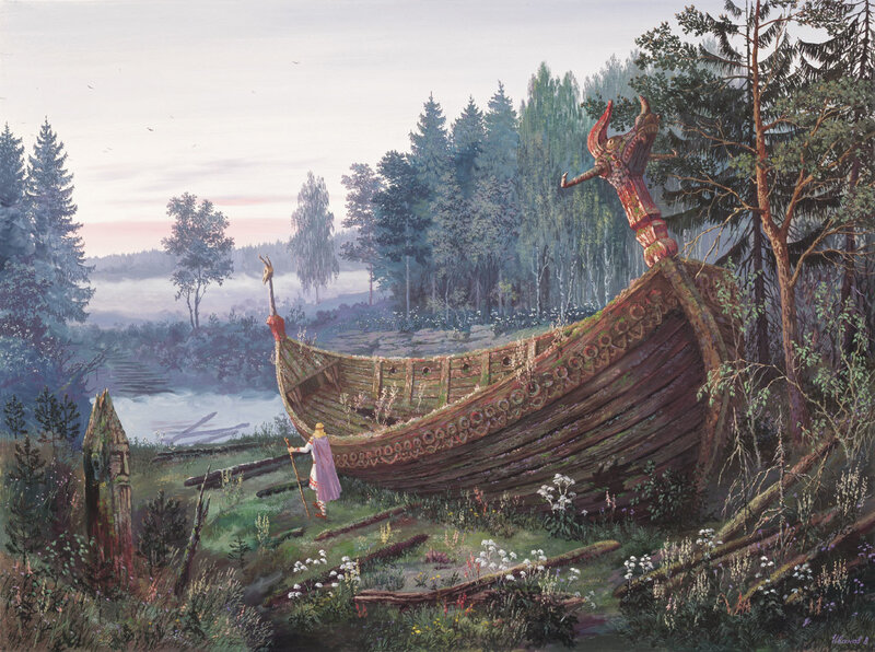 Viking ship in forest clearing