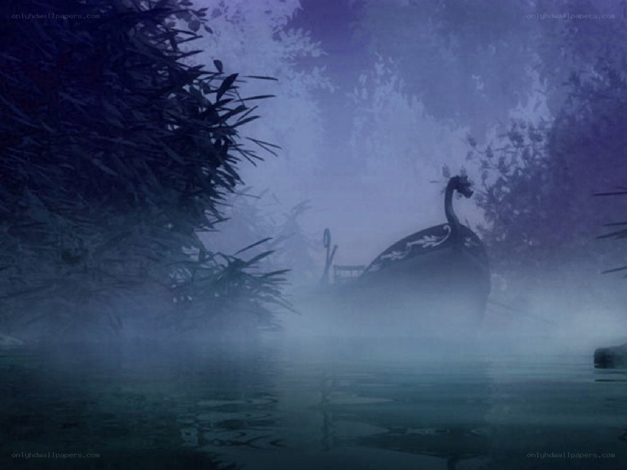 Viking ship in misty river