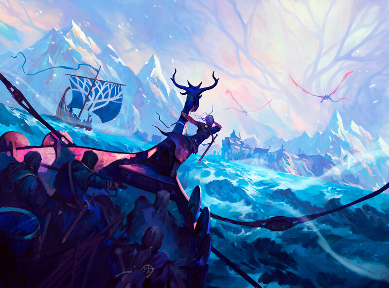 Viking Ship in Storm — Blue, Dramatic
