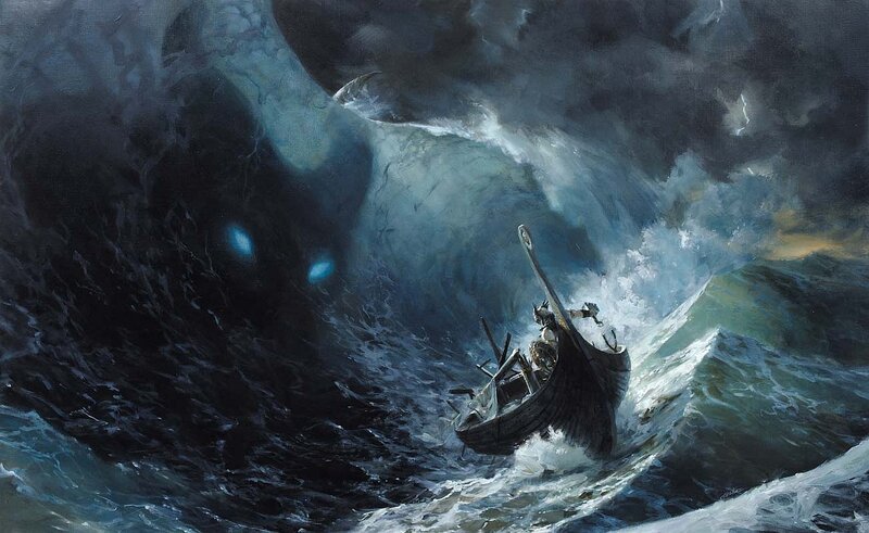 Viking ship in stormy sea